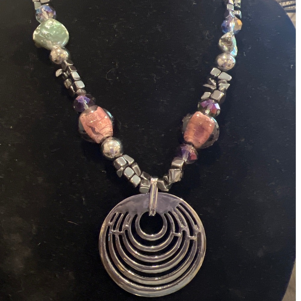 Vtg Art Deco Style Chunky Glass Beaded Statement Necklace Concentric Circle 21"